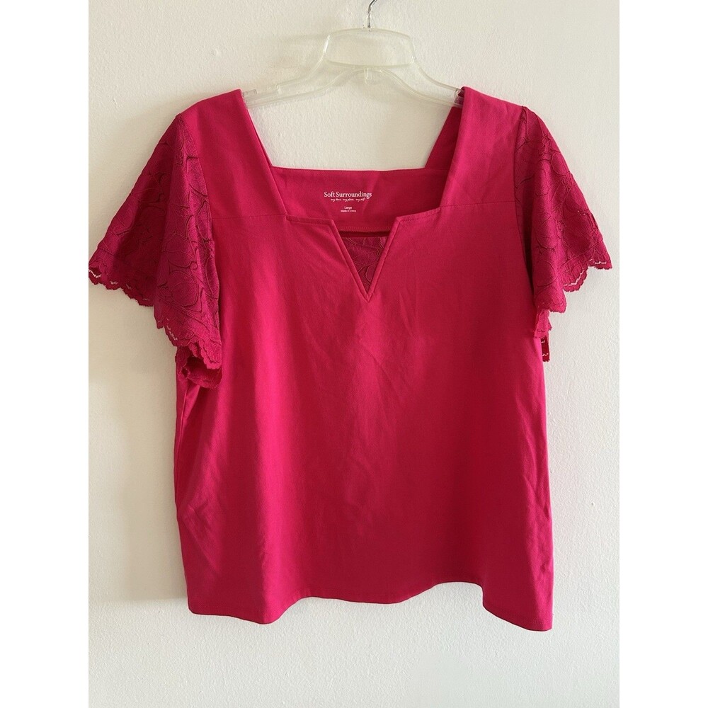 SOFT SURROUNDINGS Hot Pink Square Neck Lace Sleeves Jersey Blouse Size L